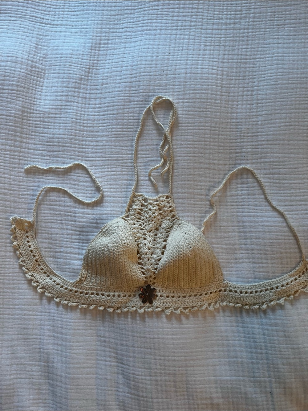 Crochet Halter Bralette in Cream with Floral Accent